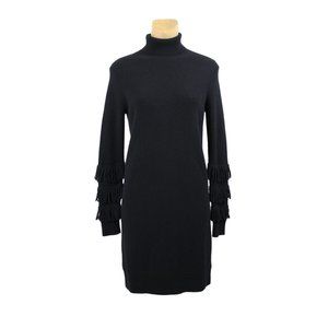 Michael Kors Black Turtleneck Fringed Sleeves Knit Dress